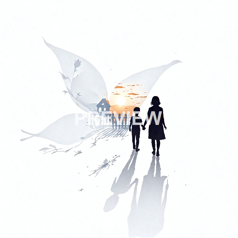 A silhouette of a woman and a child holding hands walking towards a sunset with a small house and a fence, surrounded by abstract butterfly shapes.